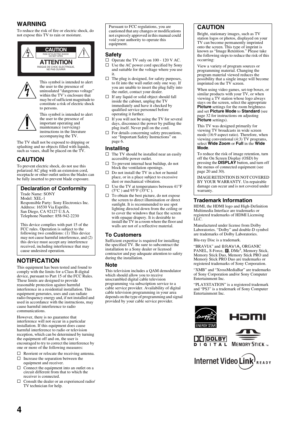 Warning, Caution, Notification | Attention | Sony XEL-1 User Manual | Page 4 / 52