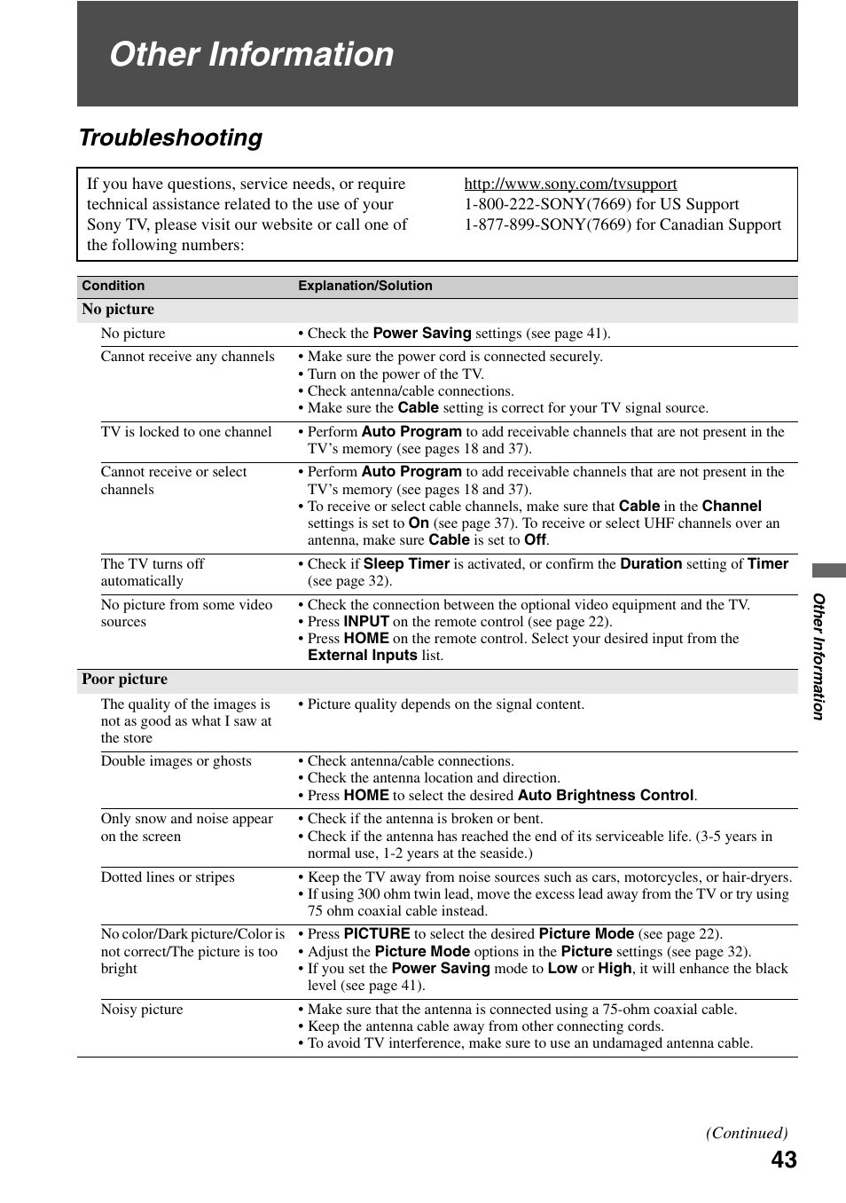 Other information, Troubleshooting | Sony XEL-1 User Manual | Page 43 / 52