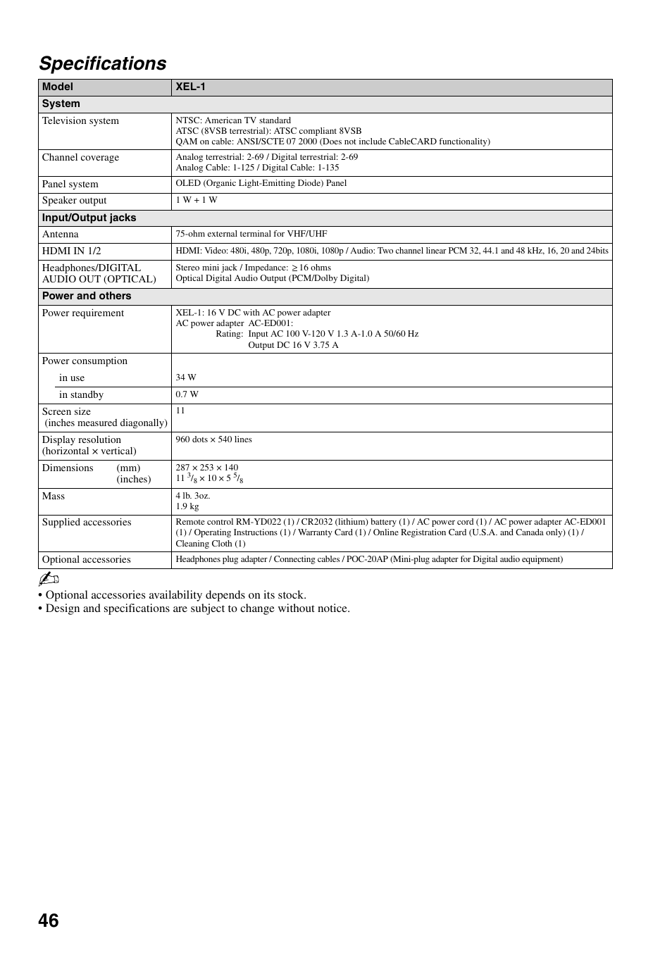 Specifications, 46 specifications | Sony XEL-1 User Manual | Page 46 / 52