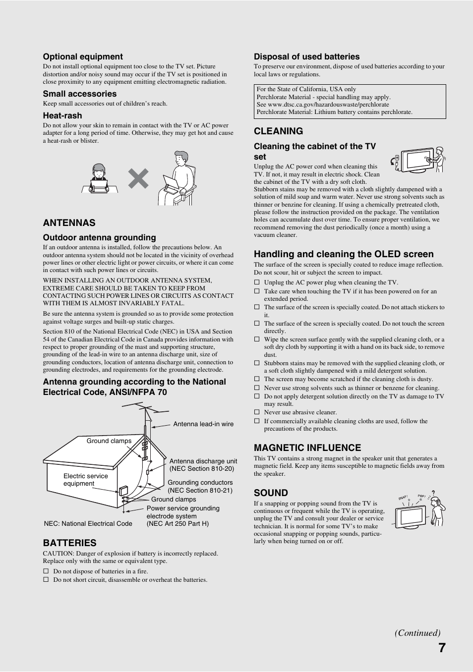 Antennas, Batteries, Cleaning | Handling and cleaning the oled screen, Magnetic influence, Sound, Continued) | Sony XEL-1 User Manual | Page 7 / 52