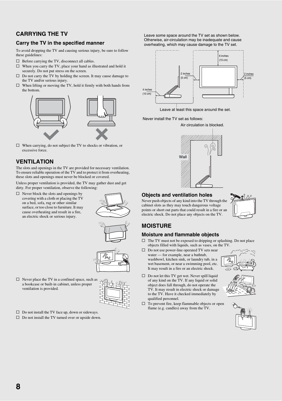 Carrying the tv, Ventilation, Moisture | Carry the tv in the specified manner, Objects and ventilation holes, Moisture and flammable objects | Sony XEL-1 User Manual | Page 8 / 52