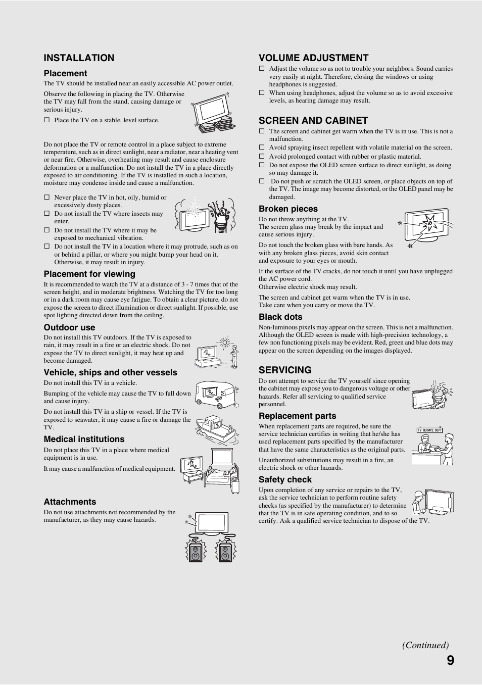 Installation, Volume adjustment, Screen and cabinet | Servicing, Continued) | Sony XEL-1 User Manual | Page 9 / 52