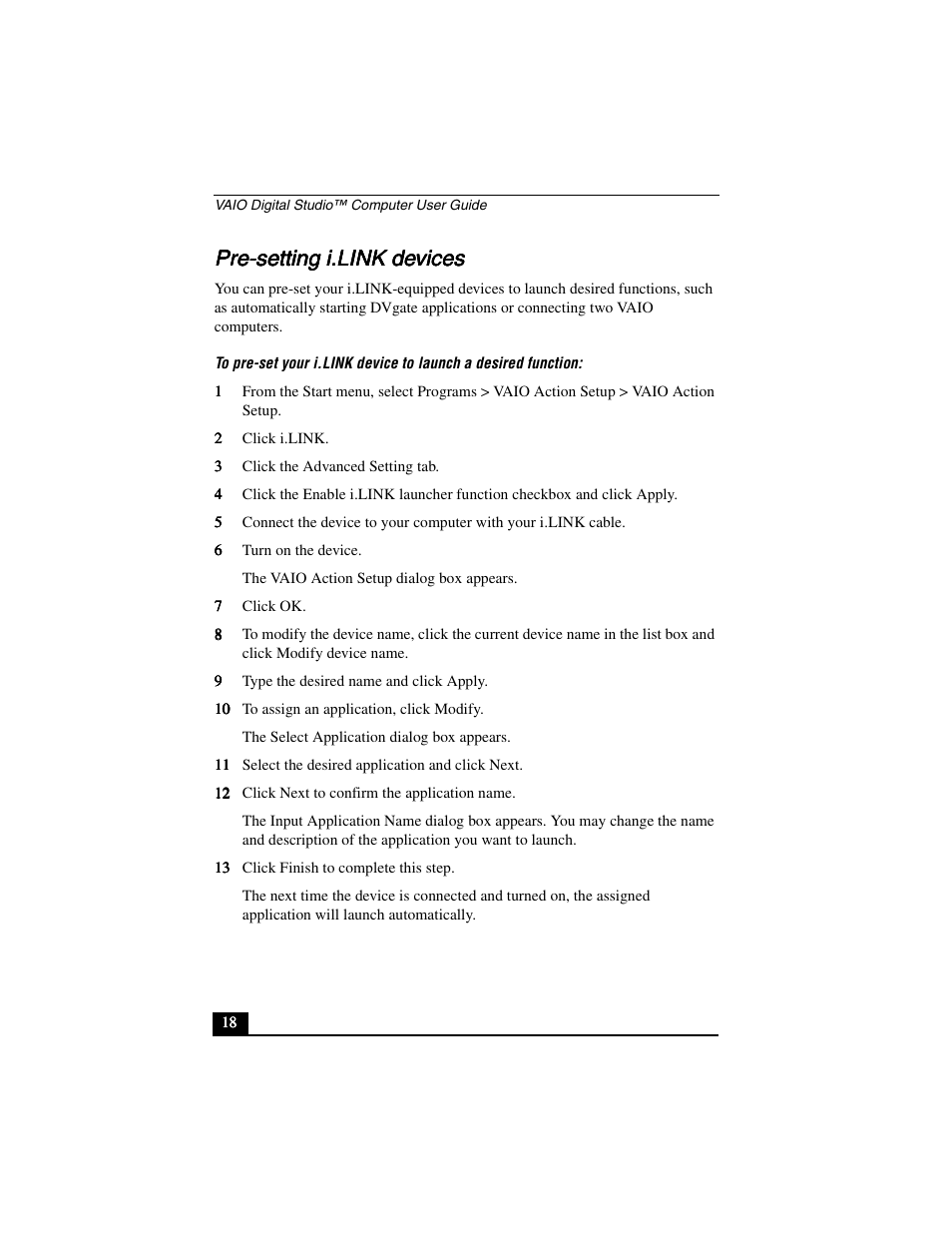 Pre-setting i.link devices | Sony PCV-R556DS User Manual | Page 18 / 62