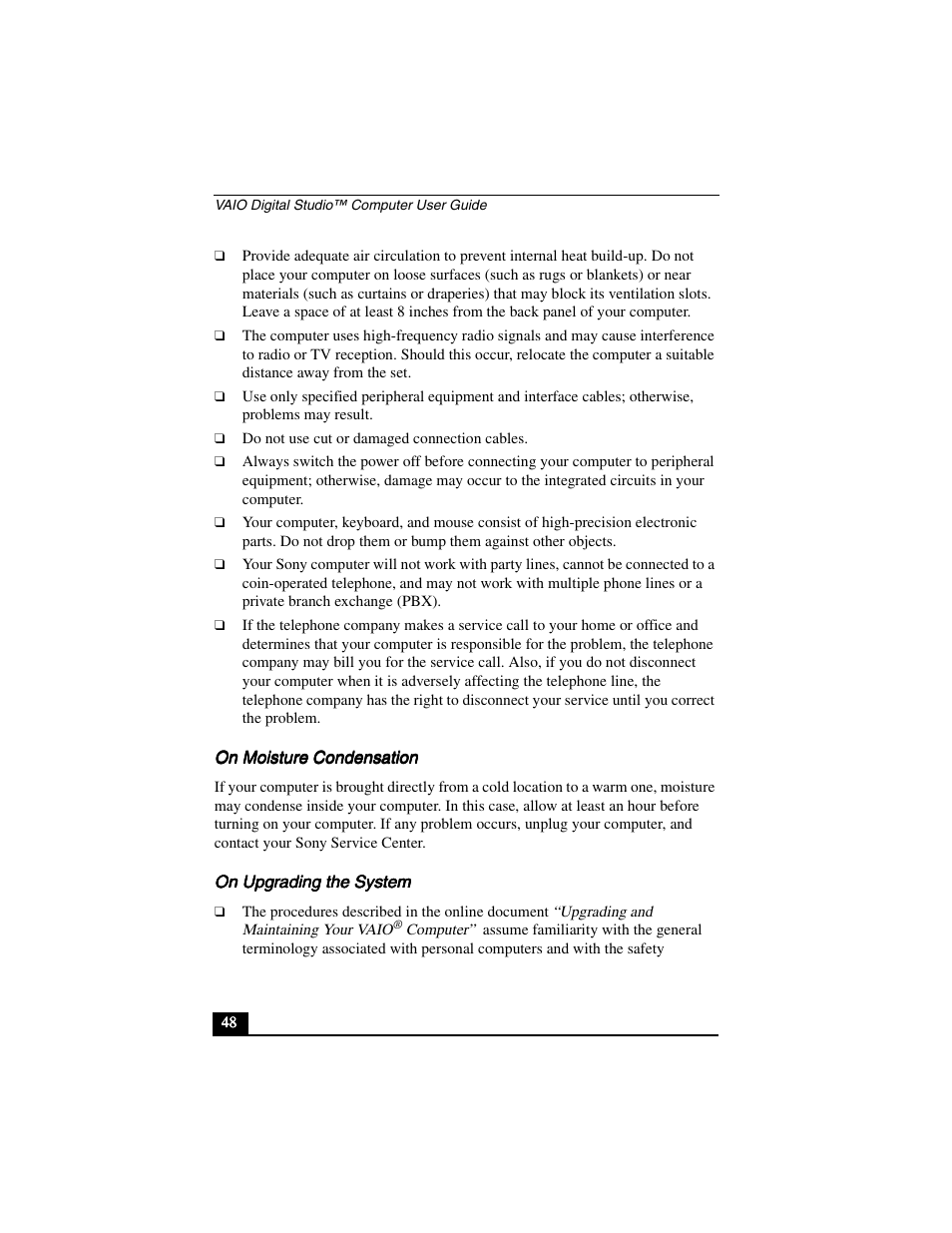 On moisture condensation on upgrading the system | Sony PCV-R556DS User Manual | Page 48 / 62