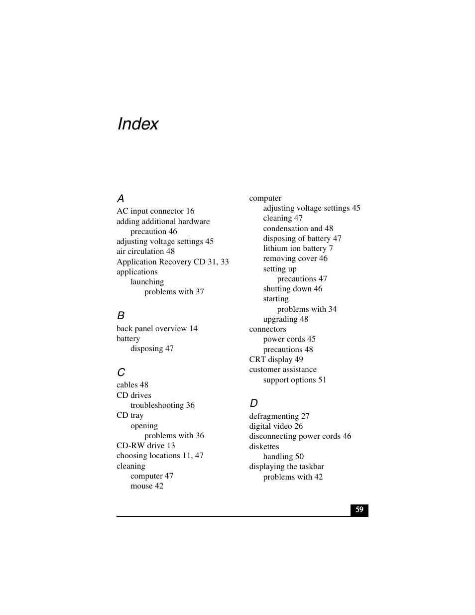 Index | Sony PCV-R556DS User Manual | Page 59 / 62