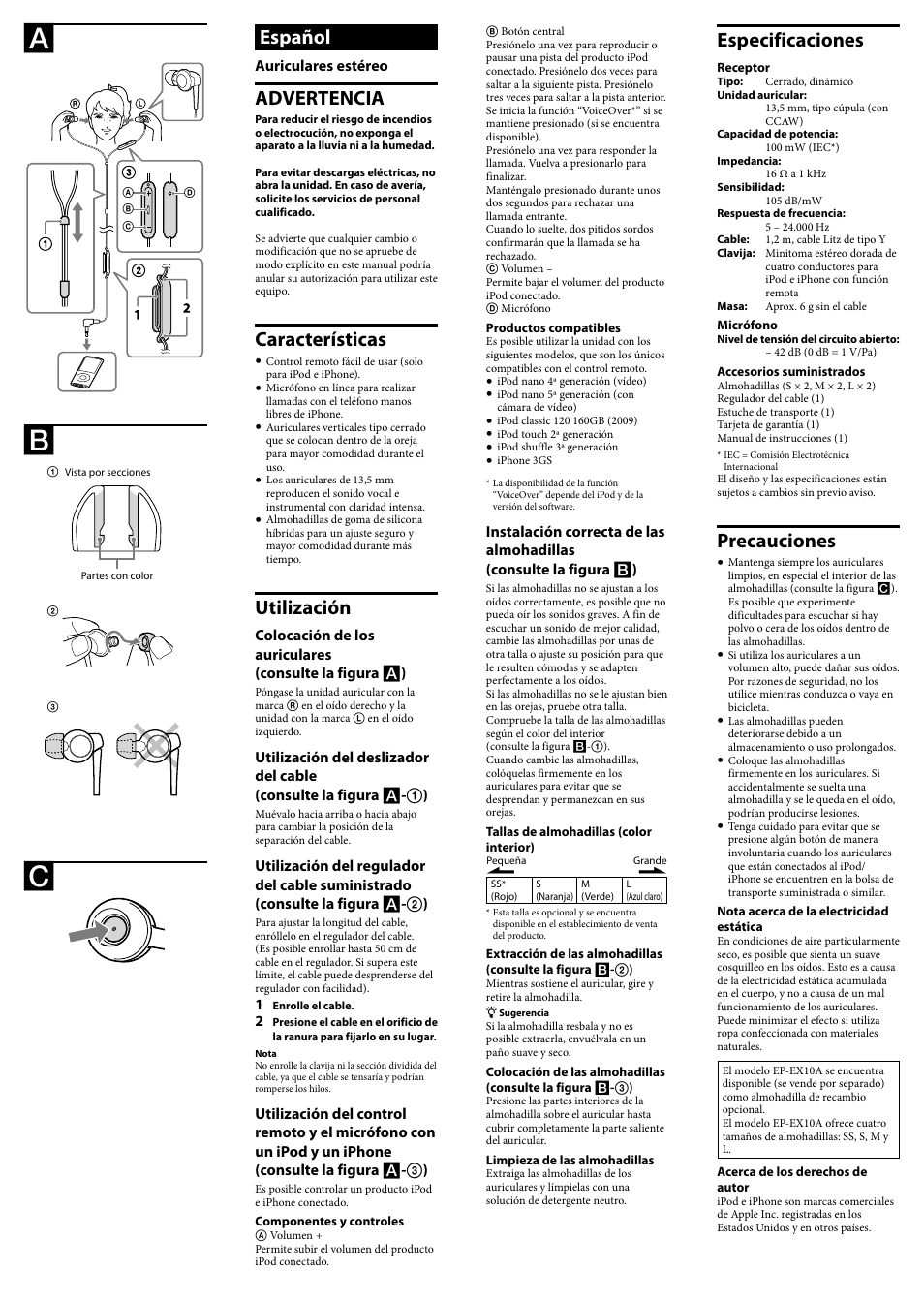 Especificaciones, Precauciones, Español | Advertencia, Características, Utilización, Auriculares estéreo | Sony DR-EX300iP User Manual | Page 2 / 2