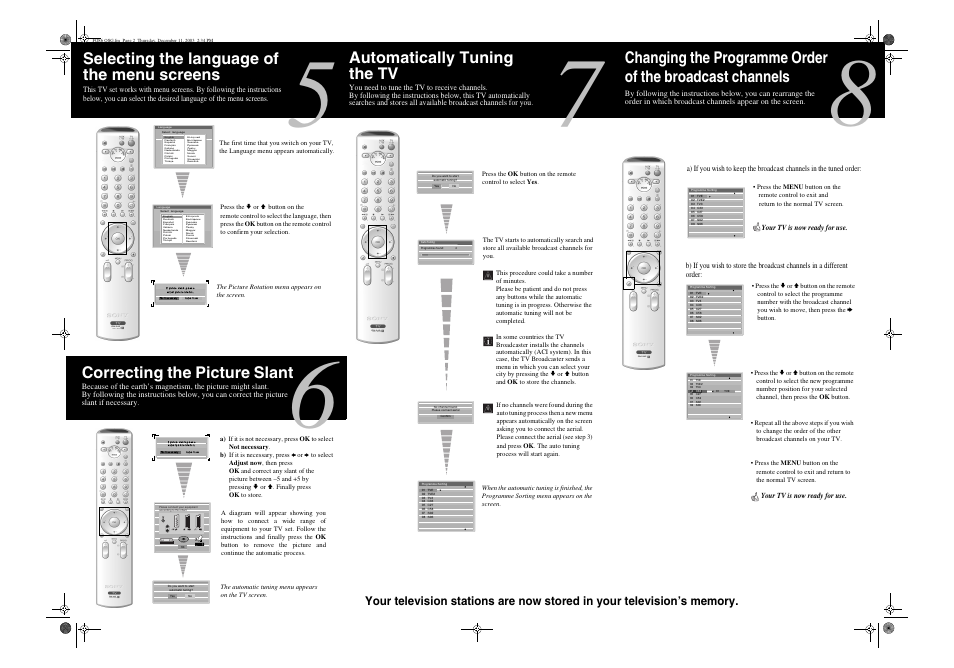 Automatically tuning the tv, Selecting the language of the menu screens, Correcting the picture slant | Rm-945 | Sony FD Trinitron WEGA KV-32FQ86U User Manual | Page 2 / 2