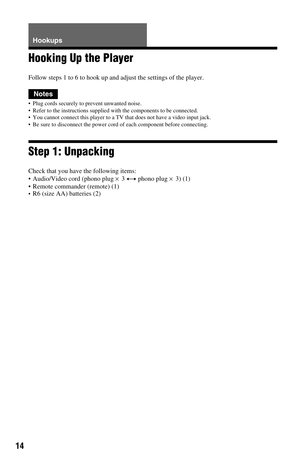 L0 - hookups, L1ac - hooking up the player, L1 - step 1: unpacking | Hookups, Hooking up the player step 1: unpacking, Hooking up the player, Step 1: unpacking | Sony DVP-NS708H User Manual | Page 14 / 72