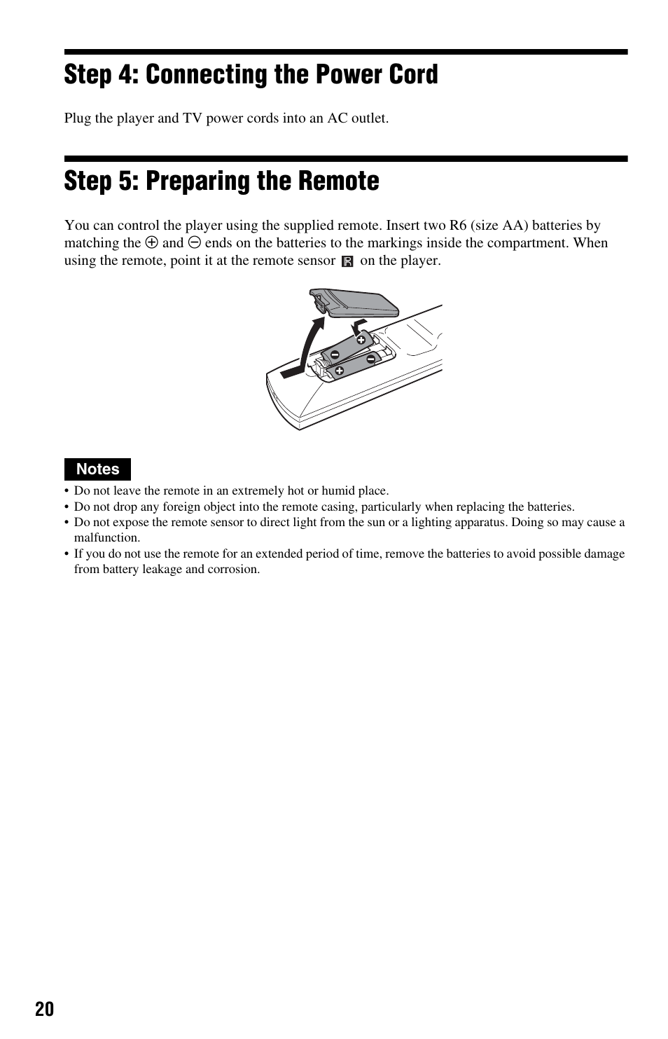 L1ac - step 4: connecting the power cord, L1ac - step 5: preparing the remote, Remote sensor) (20) | Step 4: connecting the power cord, Step 5: preparing the remote | Sony DVP-NS708H User Manual | Page 20 / 72