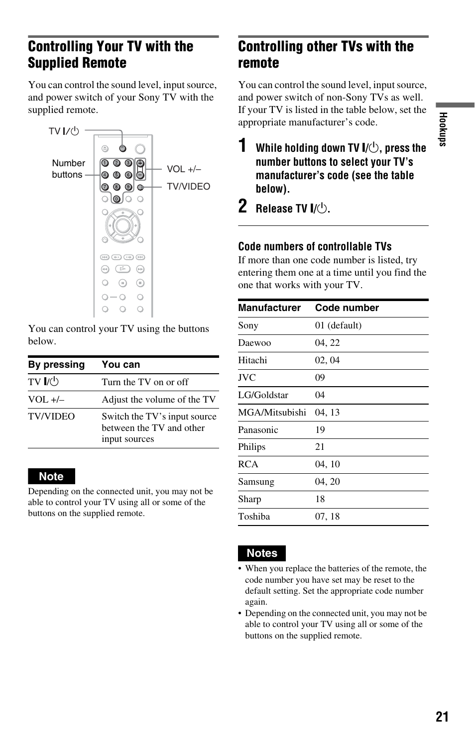 Controlling your tv with the supplied remote, Button (21), Ns (21) | Controlling other tvs with the remote | Sony DVP-NS708H User Manual | Page 21 / 72
