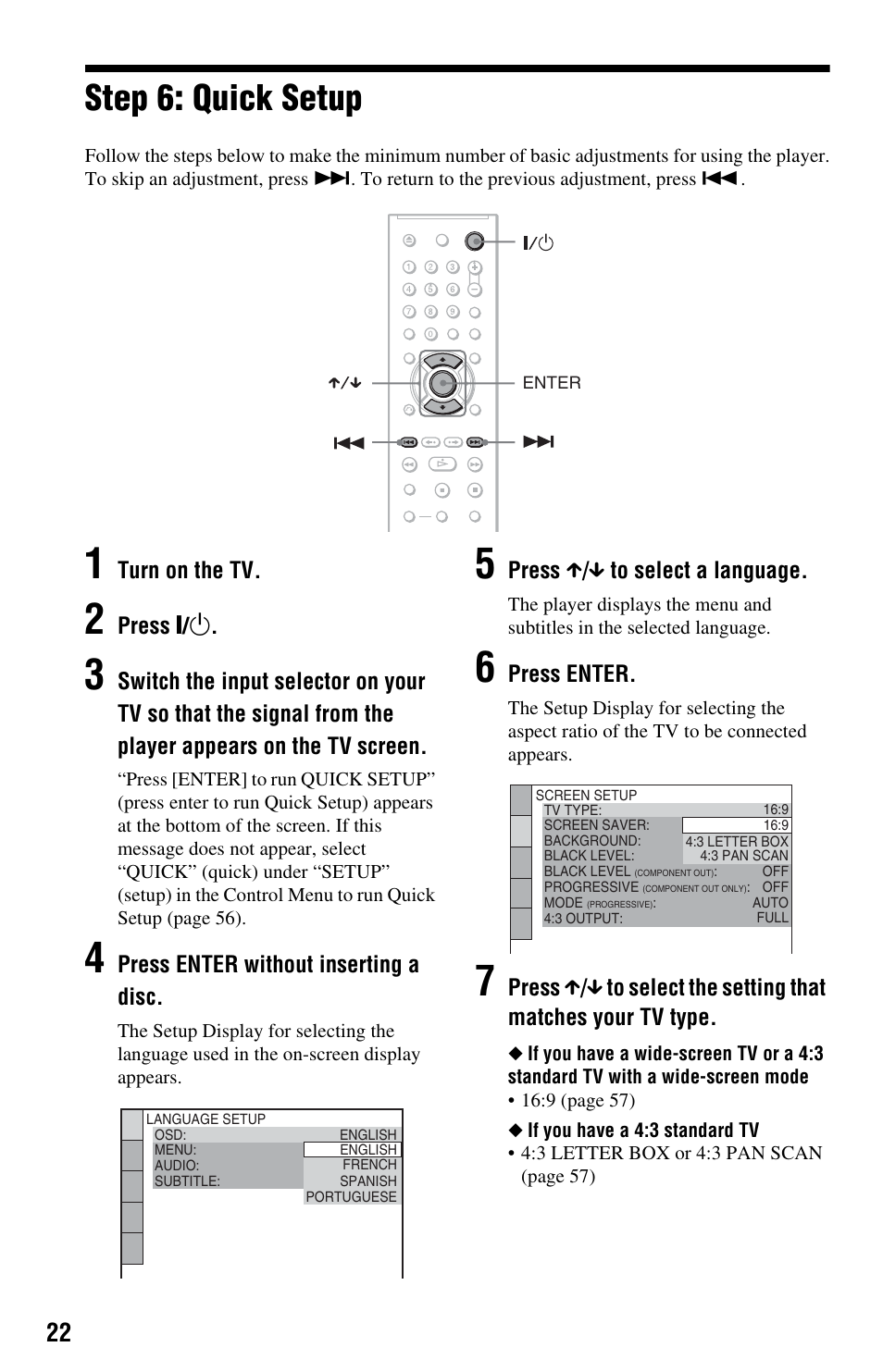 L1ac - step 6: quick setup, Step 6: quick setup | Sony DVP-NS708H User Manual | Page 22 / 72