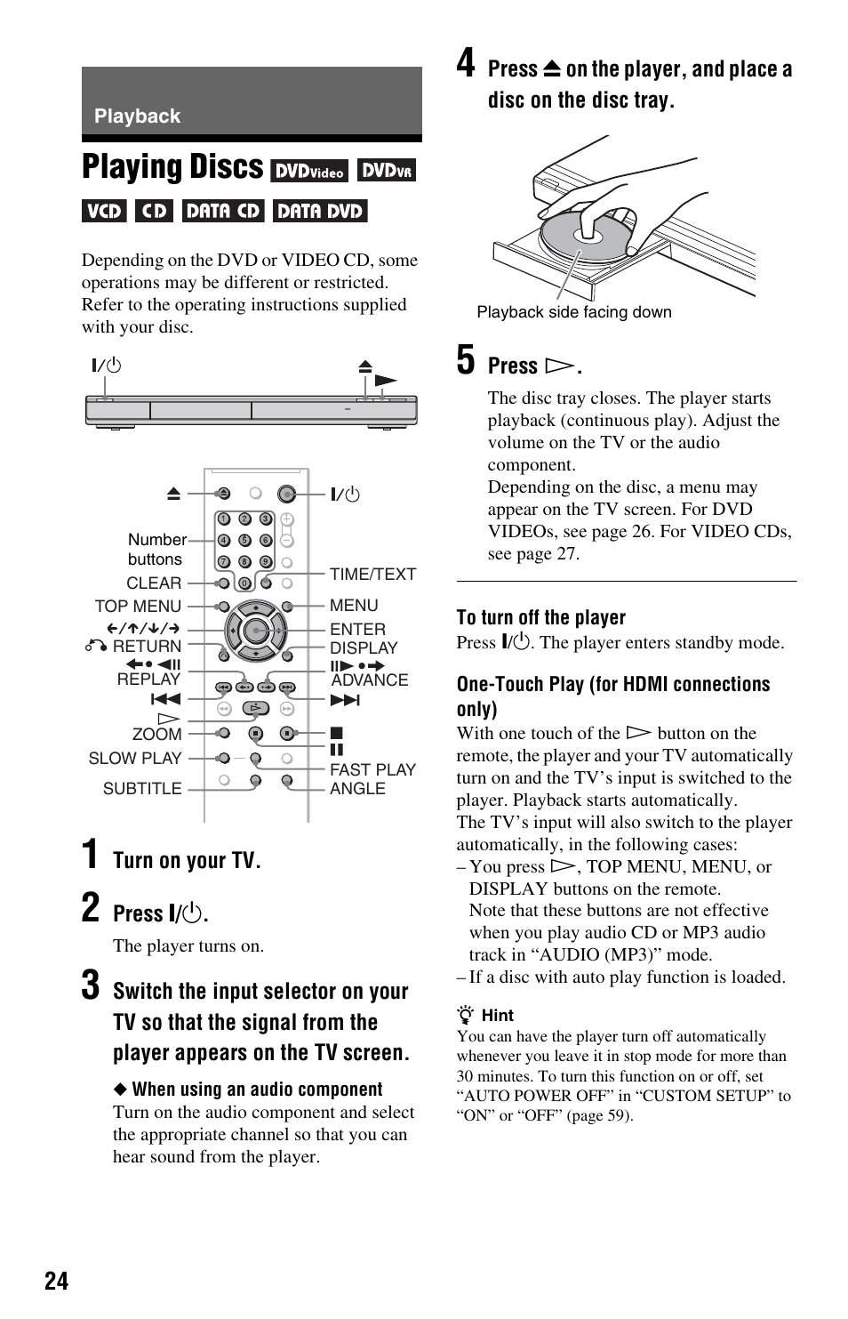 L0 - playback, L1 - playing discs, Playback | Playing discs, Button (24), N (24) | Sony DVP-NS708H User Manual | Page 24 / 72