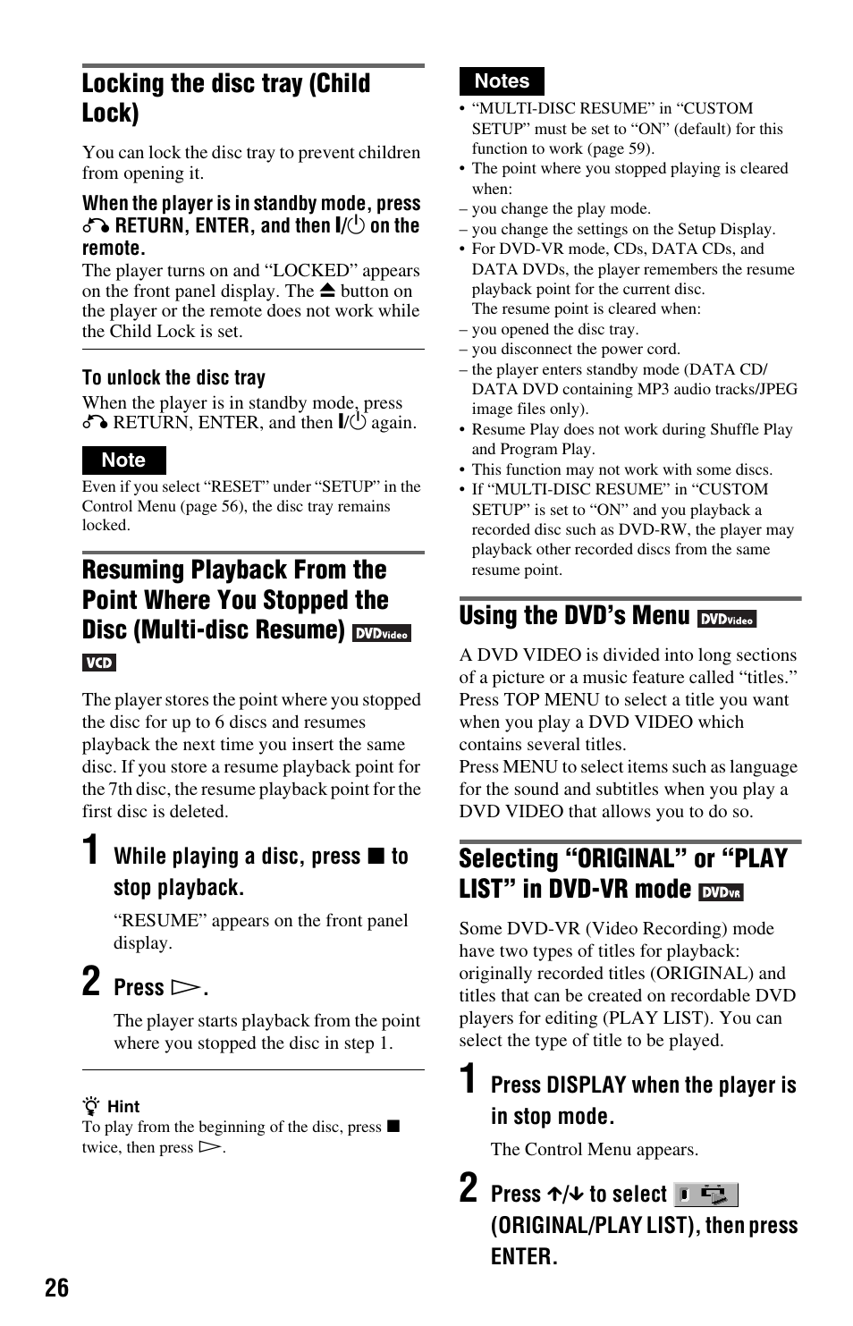Menu button (26), Button (26), N (26 | Locking the disc tray (child lock), Using the dvd’s menu, Selecting “original” or “play list” in dvd-vr mode | Sony DVP-NS708H User Manual | Page 26 / 72