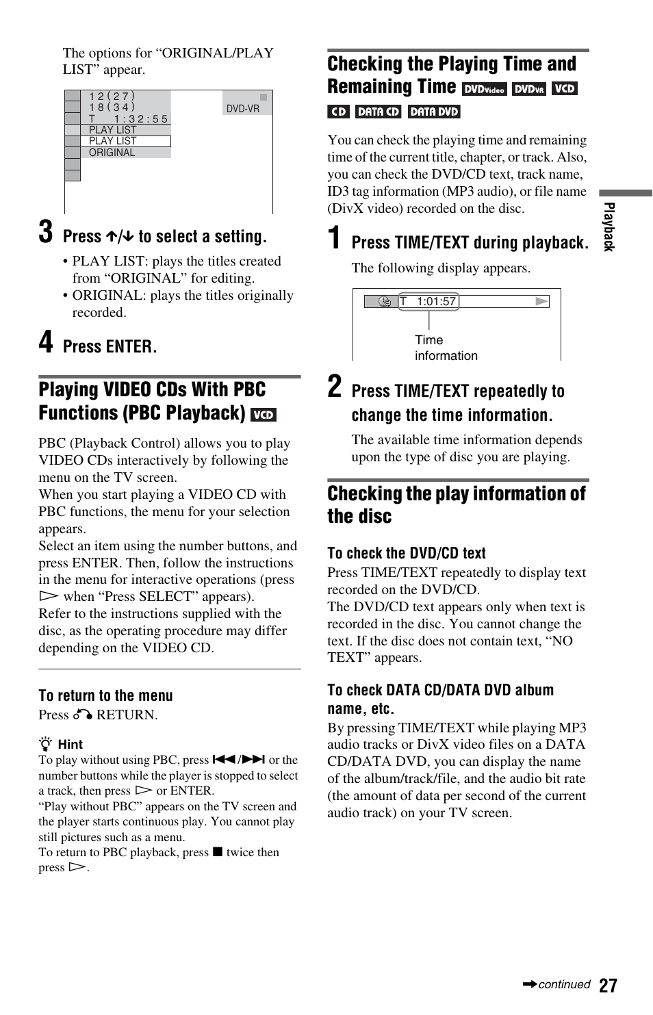 E (27), Time/text button (27), Checking the playing time and remaining time | Checking the play information of the disc | Sony DVP-NS708H User Manual | Page 27 / 72