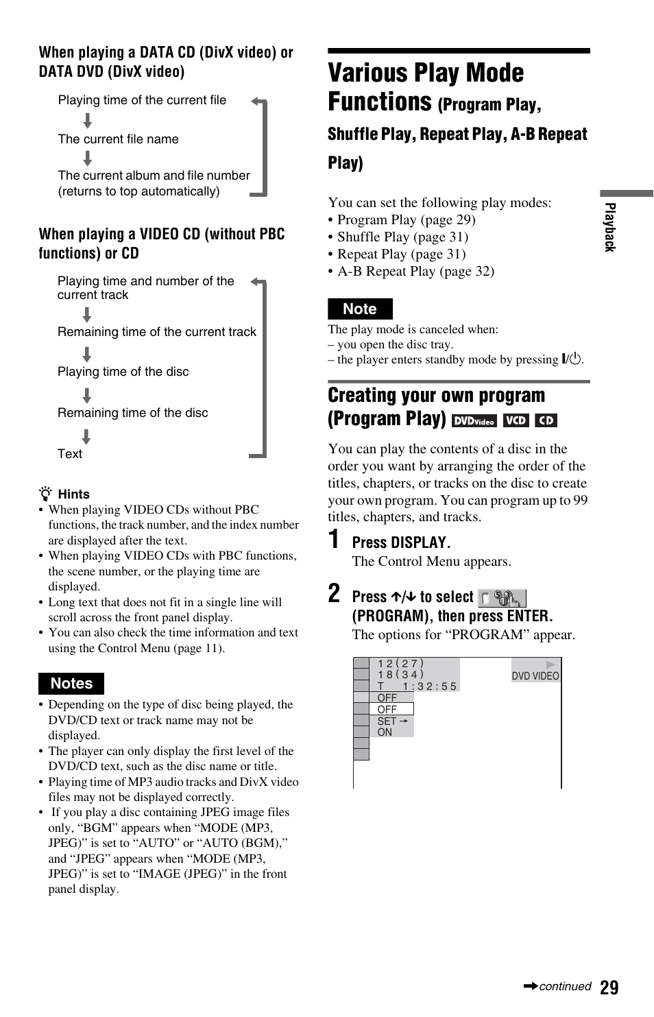 Various play mode functions, Creating your own program (program play) | Sony DVP-NS708H User Manual | Page 29 / 72