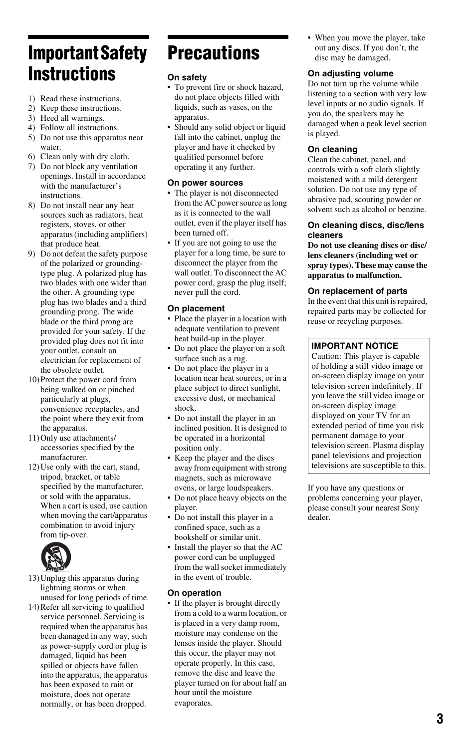 L1 - important safety instructions, L1 - precautions, Important safety instructions | Precautions | Sony DVP-NS708H User Manual | Page 3 / 72