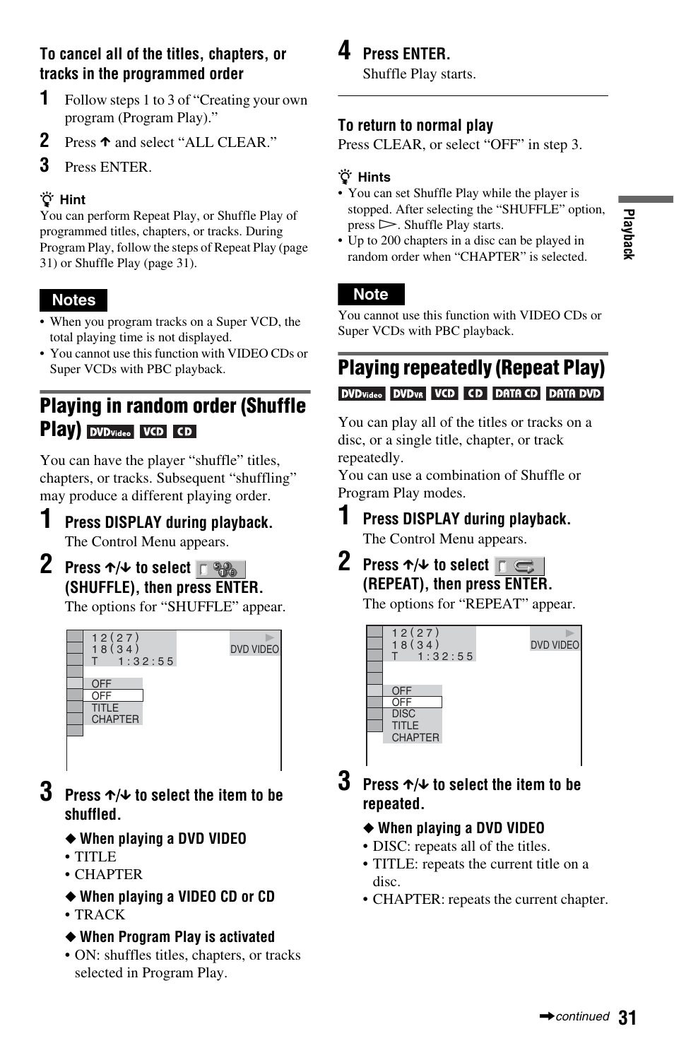 Playing in random order (shuffle play), Playing repeatedly (repeat play) | Sony DVP-NS708H User Manual | Page 31 / 72