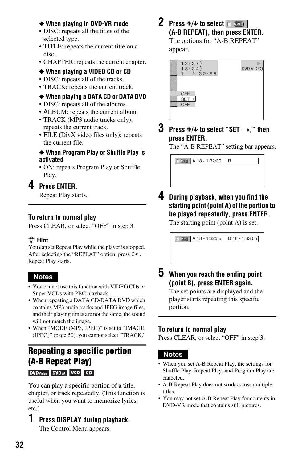 Repeating a specific portion (a-b repeat play) | Sony DVP-NS708H User Manual | Page 32 / 72