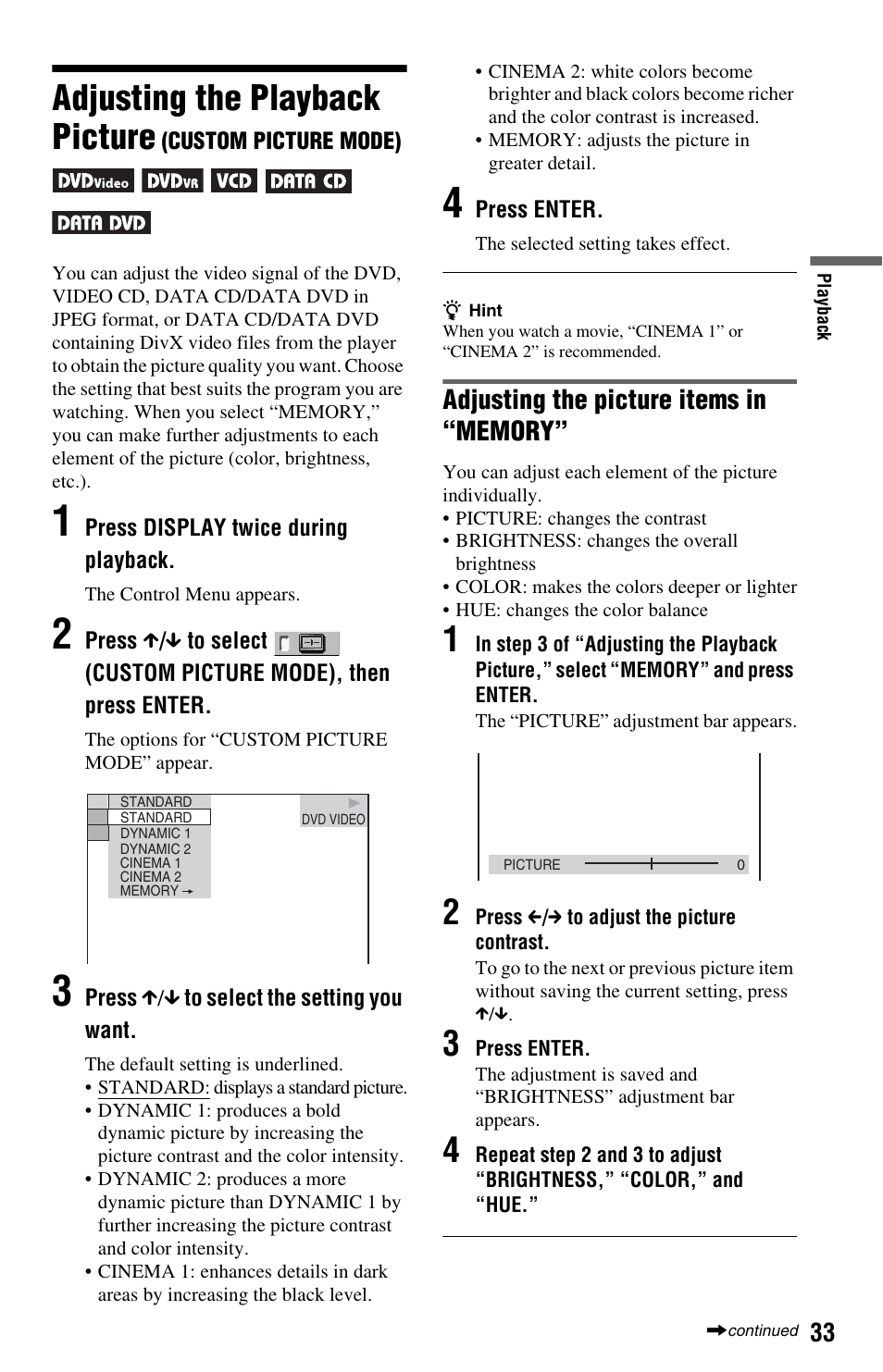 Adjusting the playback picture | Sony DVP-NS708H User Manual | Page 33 / 72