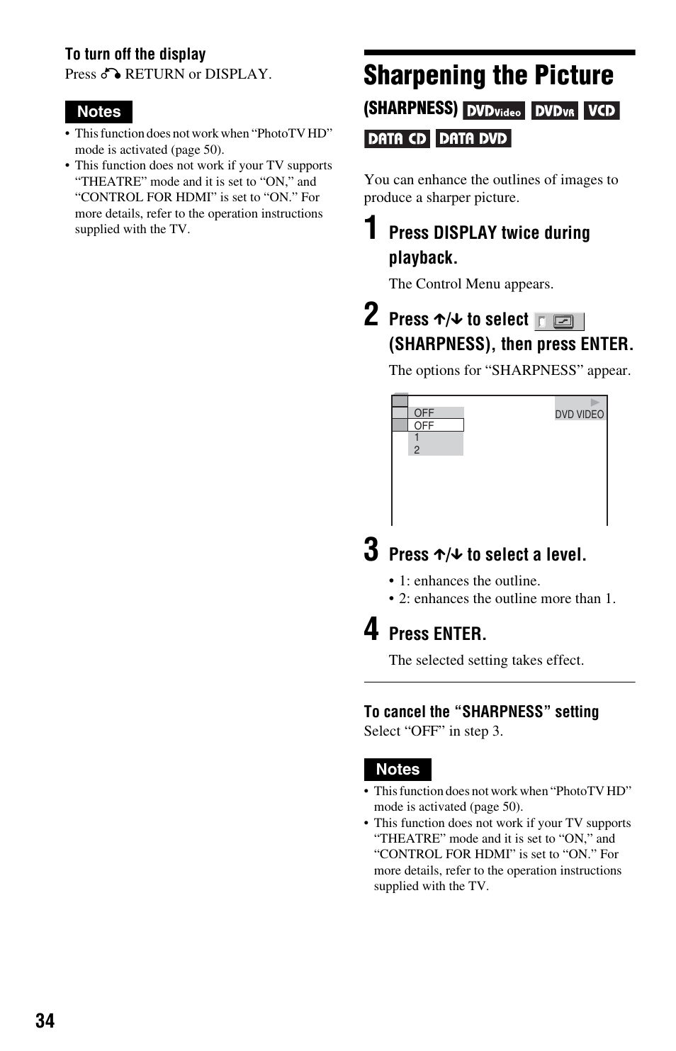 L1 - sharpening the picture (sharpness), Sharpening the picture (sh, Sharpening the picture | Sony DVP-NS708H User Manual | Page 34 / 72