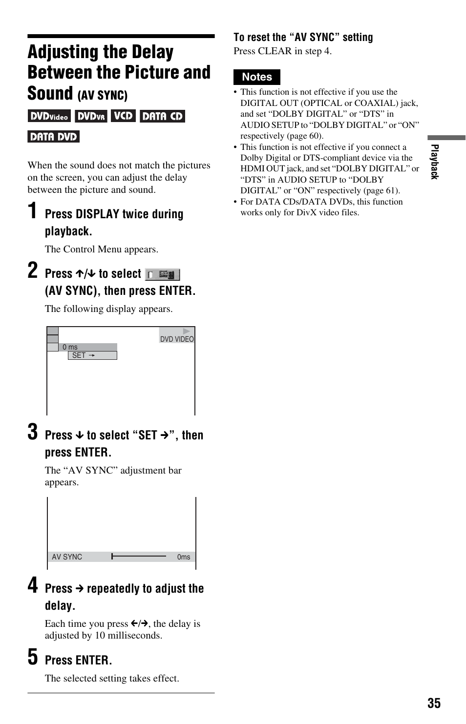 Adjusting the delay between the picture and sound | Sony DVP-NS708H User Manual | Page 35 / 72