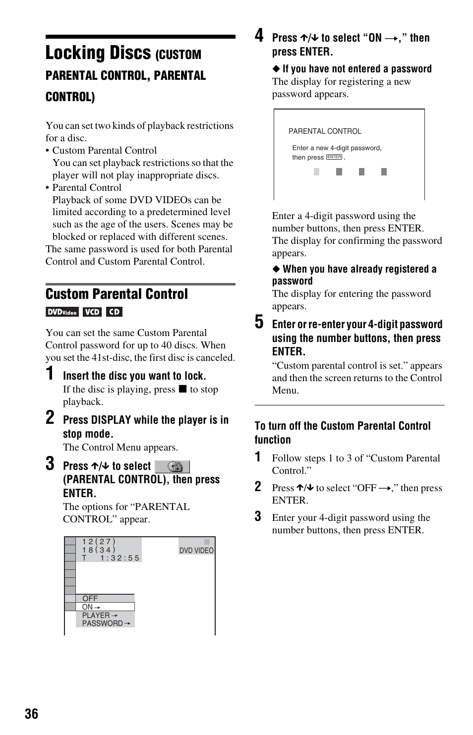 Locking discs (cus, Locking discs, Custom parental control | Sony DVP-NS708H User Manual | Page 36 / 72