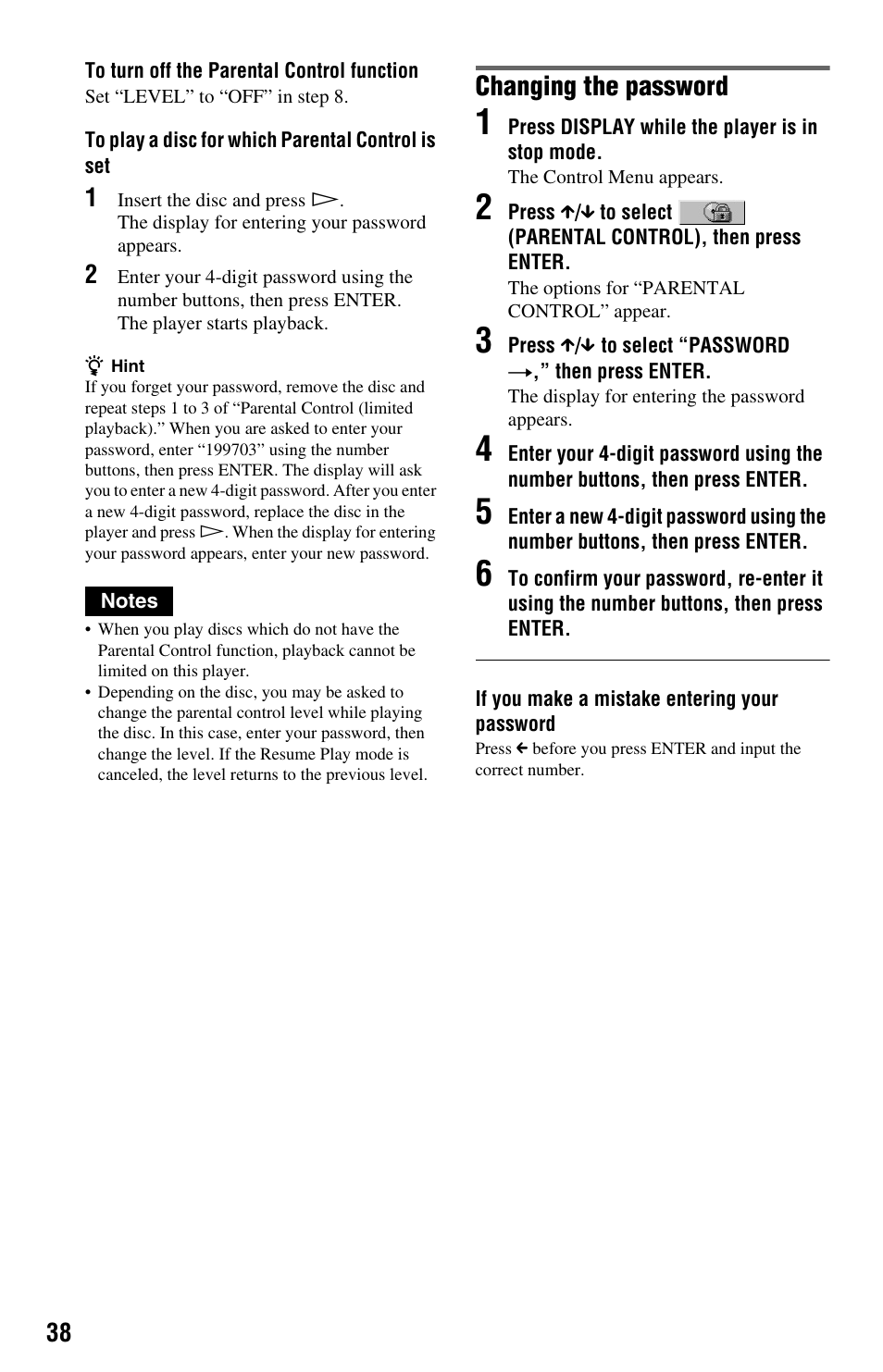 Changing the password | Sony DVP-NS708H User Manual | Page 38 / 72