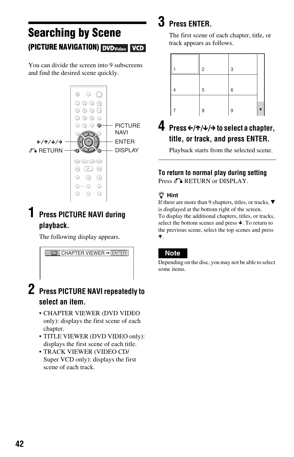 L1 - searching by scene (picture navigation), Searching by scene, Button (42, 48) | Sony DVP-NS708H User Manual | Page 42 / 72