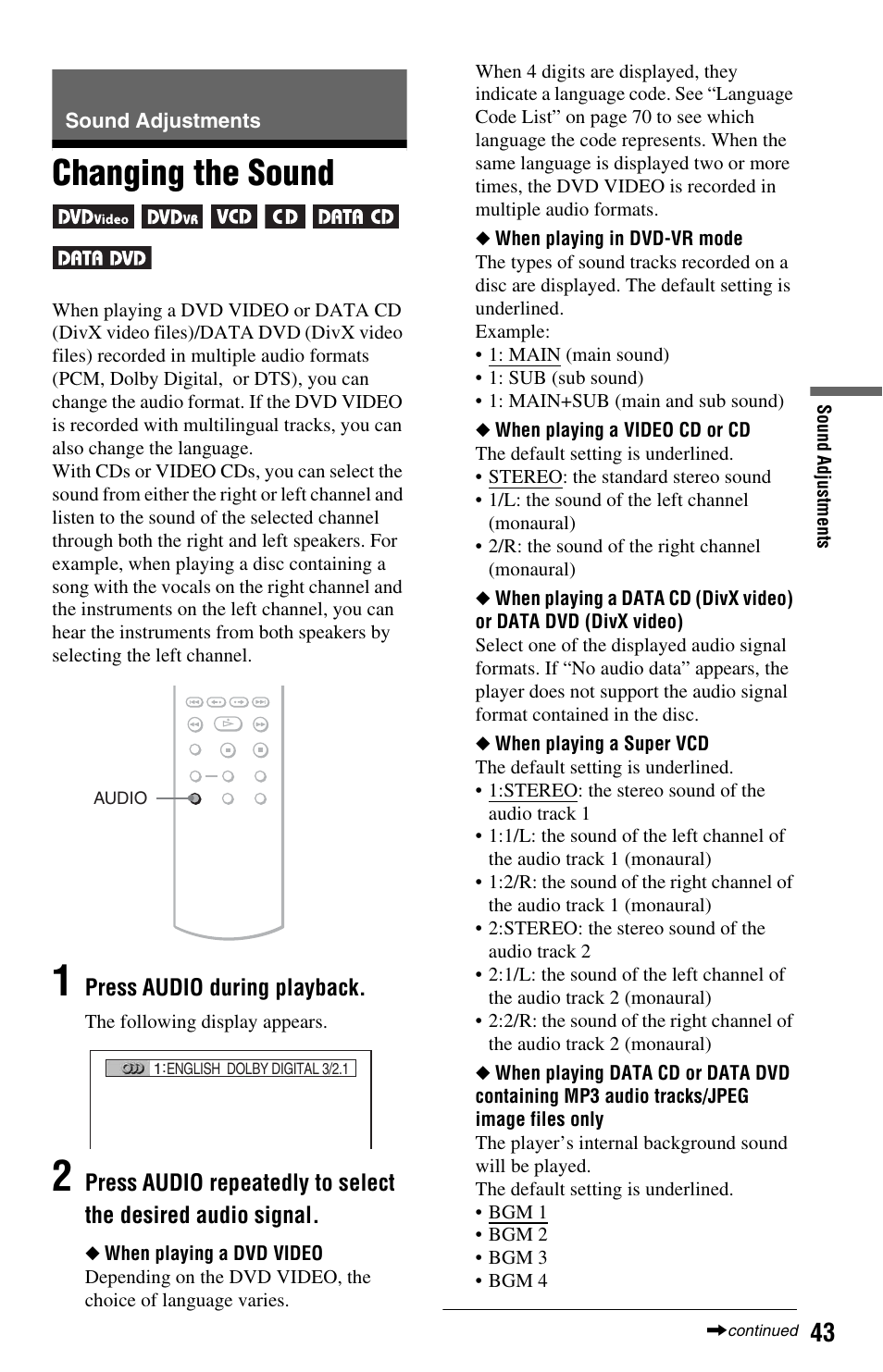 L0 - sound adjustments, L1 - changing the sound, Sound adjustments | Changing the sound, Button (43) | Sony DVP-NS708H User Manual | Page 43 / 72