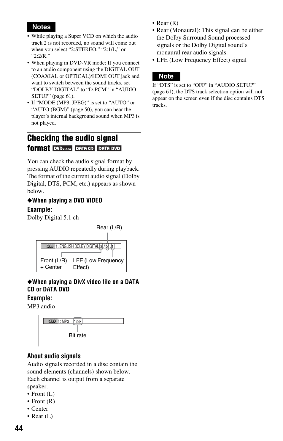 Checking the audio signal format | Sony DVP-NS708H User Manual | Page 44 / 72