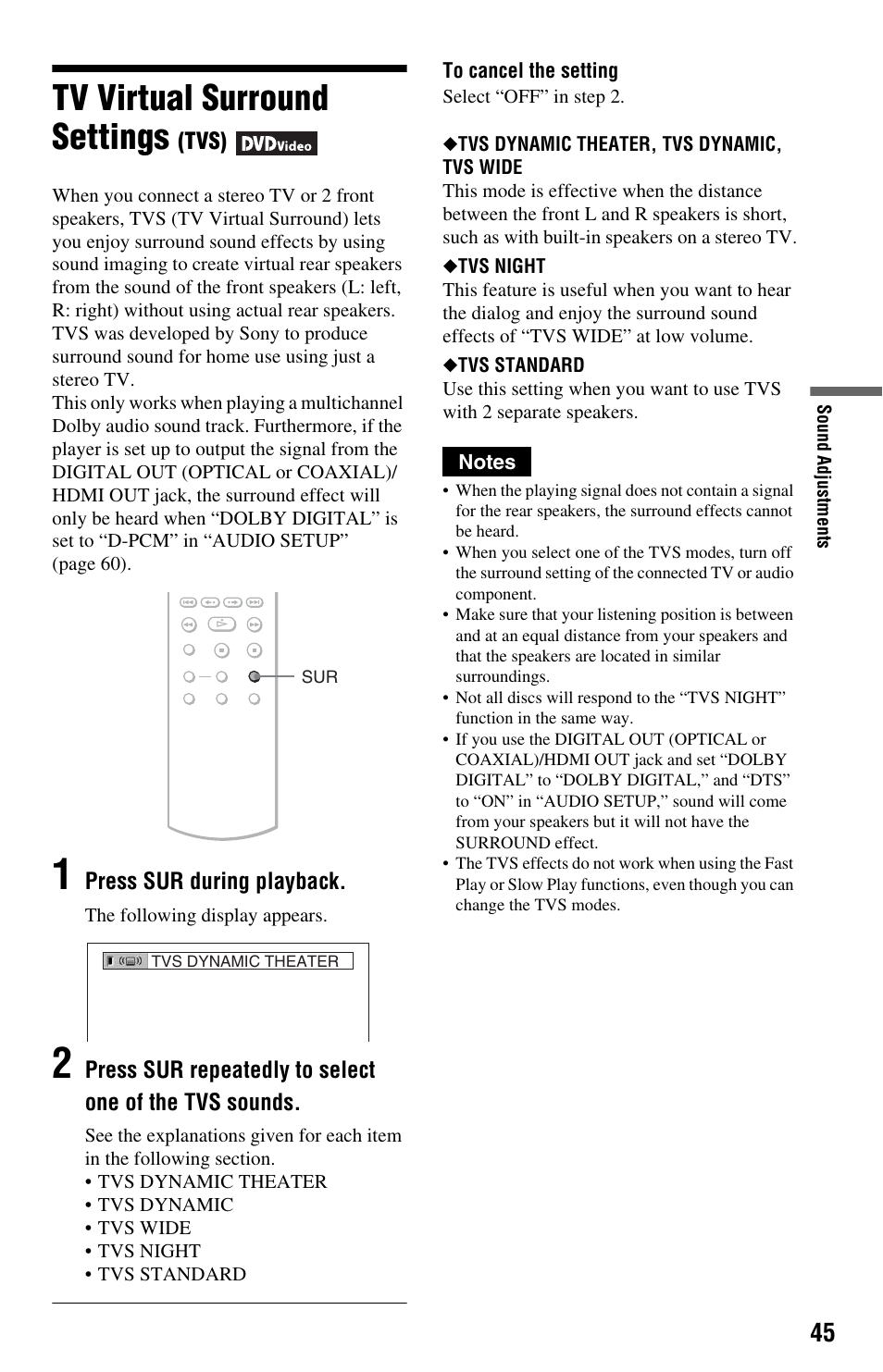L1 - tv virtual surround settings (tvs), Tv virtual surround settings (tvs), Tv virtual surround settings | Sony DVP-NS708H User Manual | Page 45 / 72