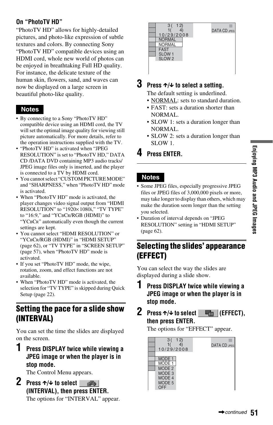 Setting the pace for a slide show (interval), Selecting the slides’ appearance (effect) | Sony DVP-NS708H User Manual | Page 51 / 72