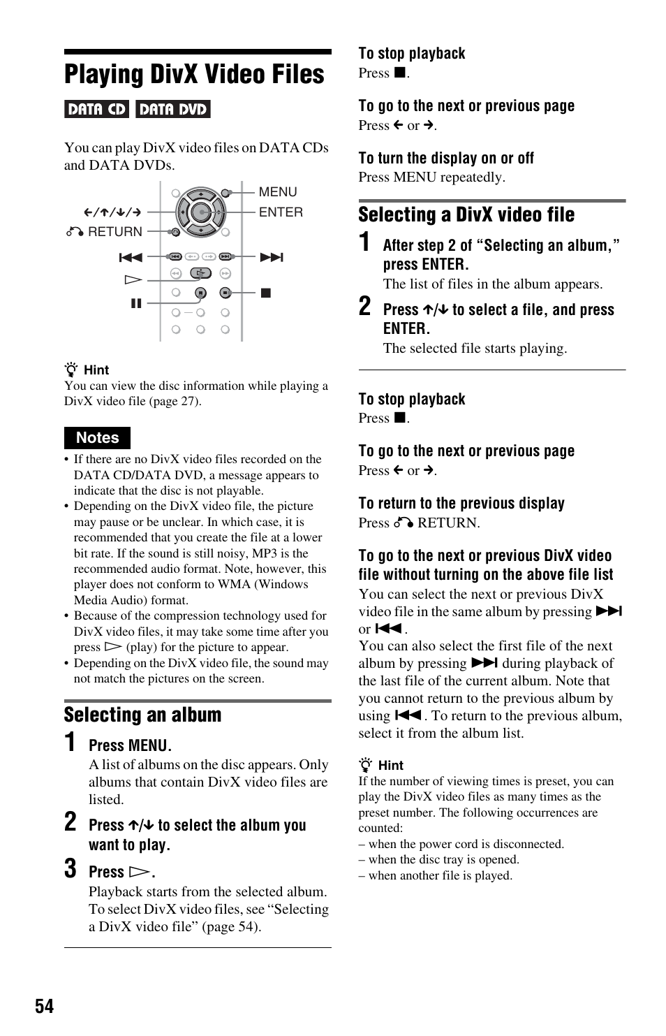 Playing divx video files, Selecting an album, Selecting a divx video file | Sony DVP-NS708H User Manual | Page 54 / 72