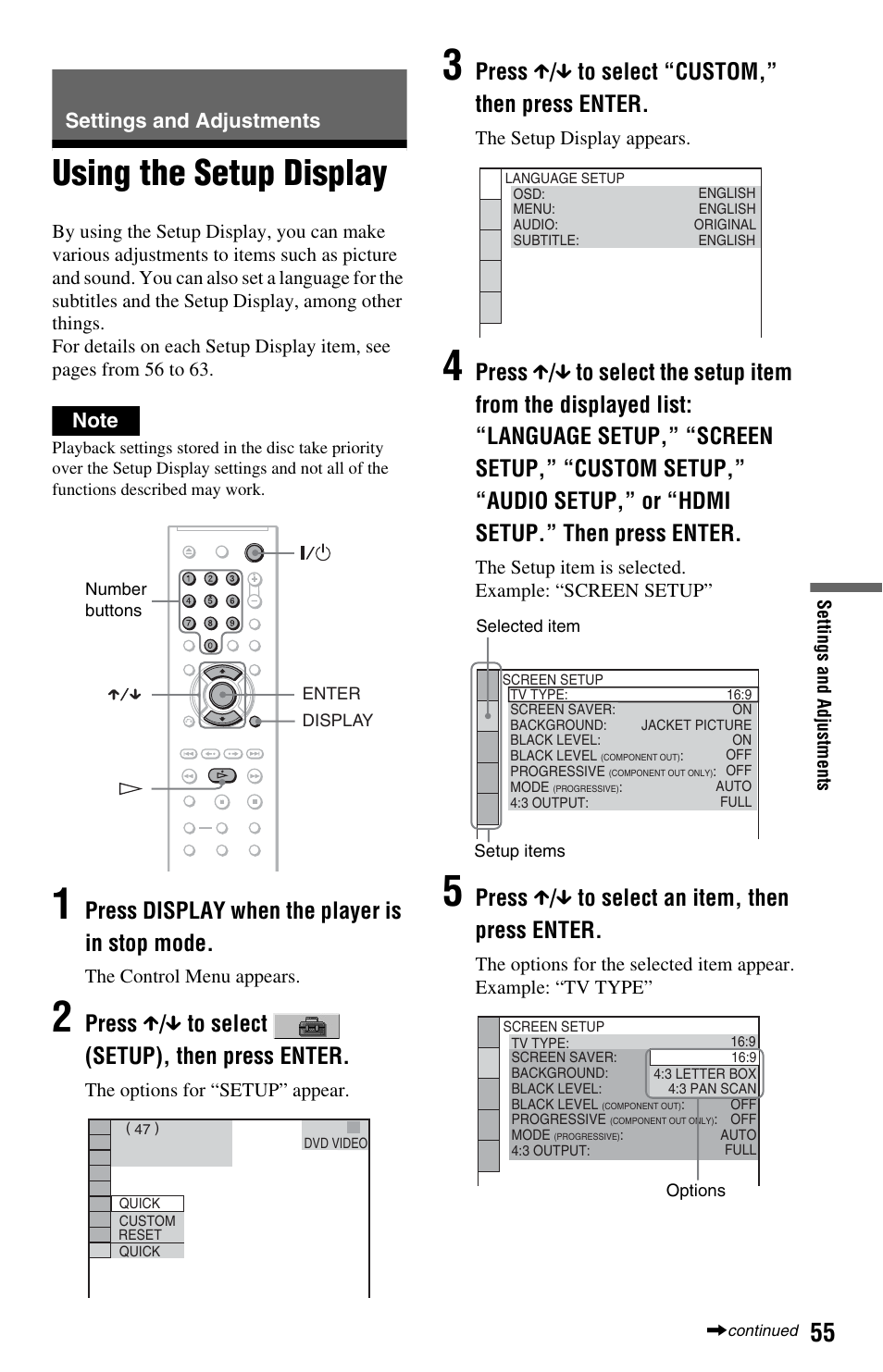 L0 - settings and adjustments, L1 - using the setup display, Settings and adjustments | Using the setup display, Press display when the player is in stop mode, Press x / x to select (setup), then press enter, Press x / x to select “custom,” then press enter, Press x / x to select an item, then press enter | Sony DVP-NS708H User Manual | Page 55 / 72