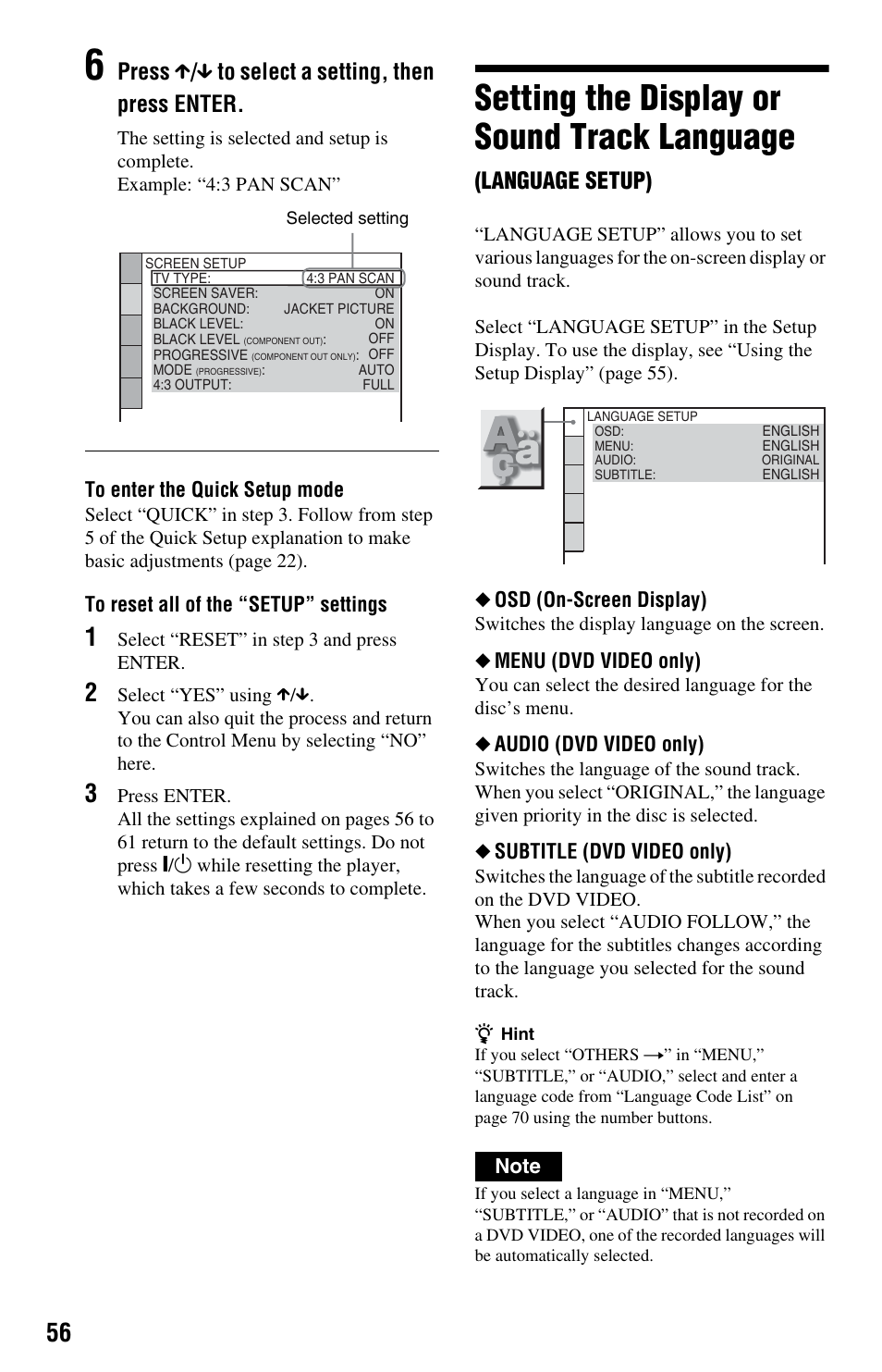 Setting the display or sound track language, Press x / x to select a setting, then press enter, Language setup) | Sony DVP-NS708H User Manual | Page 56 / 72