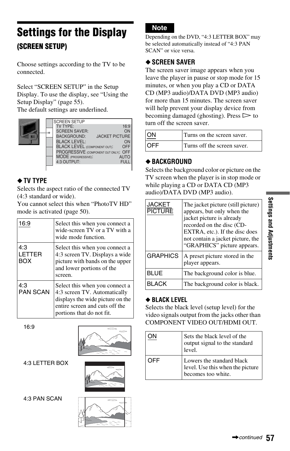 L1 - settings for the display (screen setup), Settings for the display (s, Settings for the display | Screen setup), Tv type, Screen saver, Background | Sony DVP-NS708H User Manual | Page 57 / 72