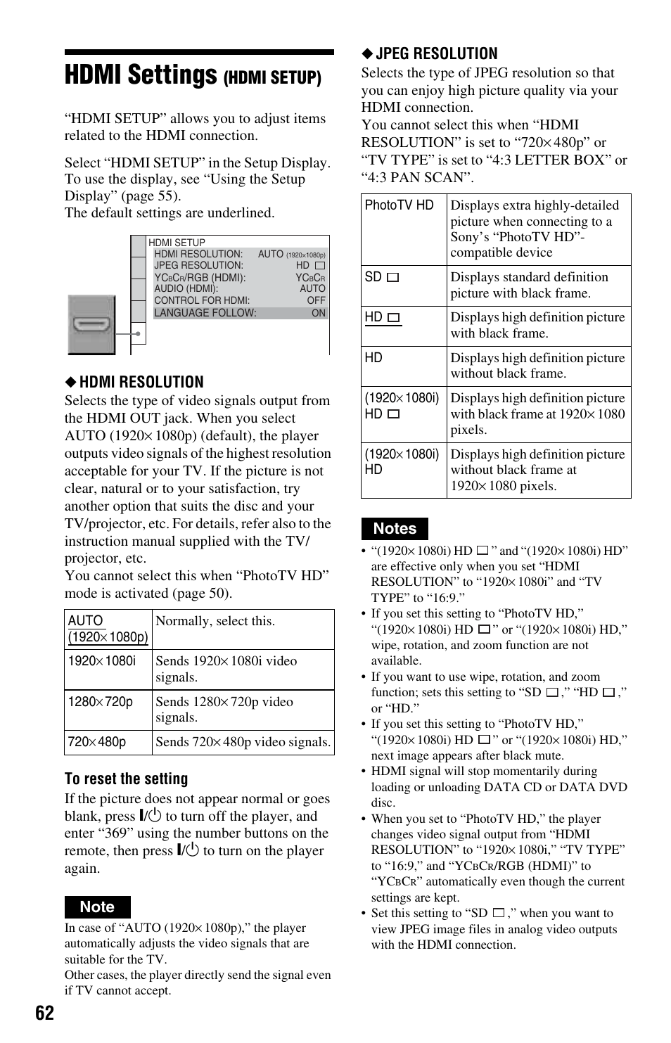 L1 - hdmi settings (hdmi setup), Hdmi settings, Hdmi setup) | Hdmi resolution, Jpeg resolution | Sony DVP-NS708H User Manual | Page 62 / 72
