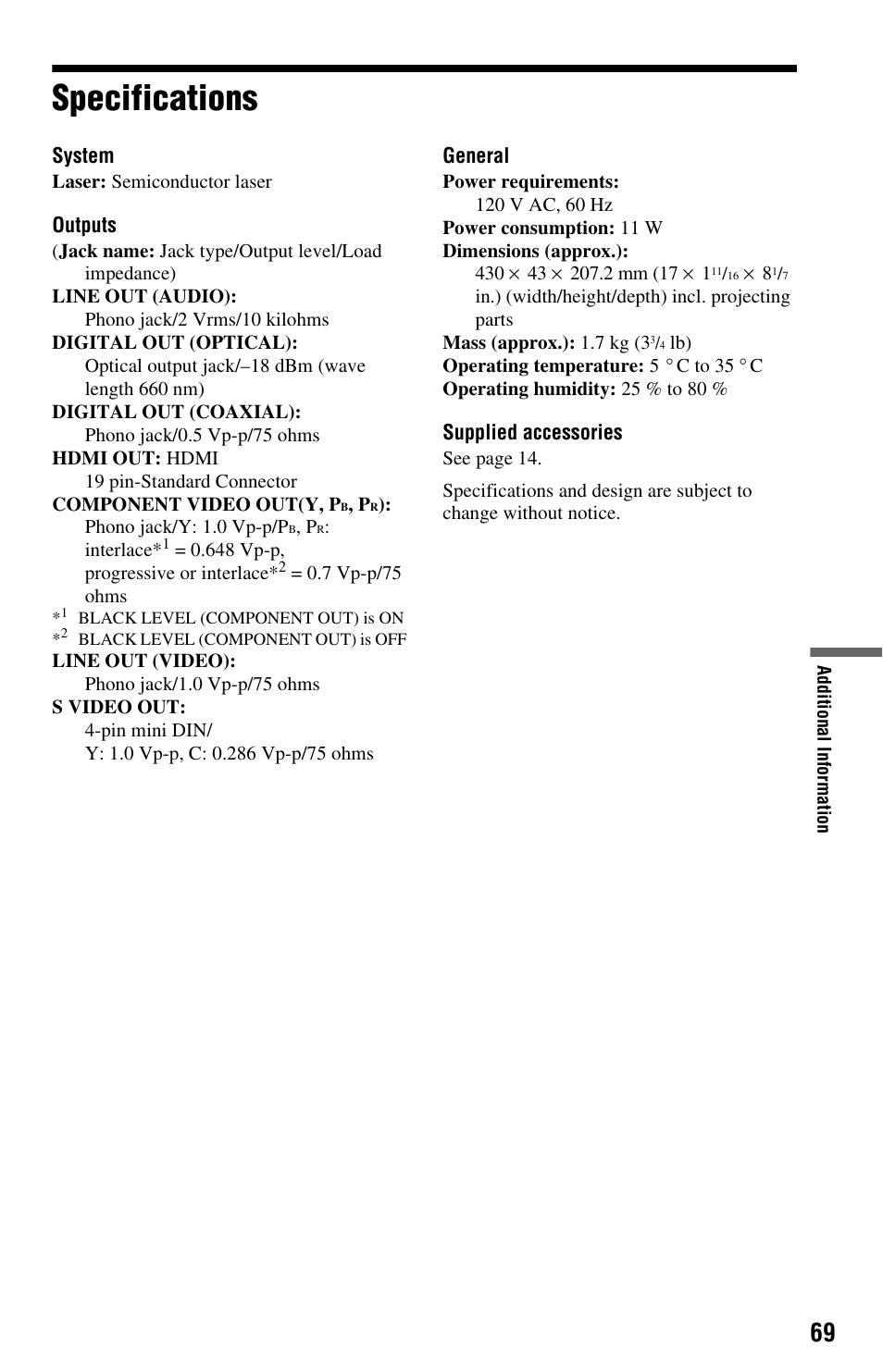 L1ac - specifications, Specifications | Sony DVP-NS708H User Manual | Page 69 / 72
