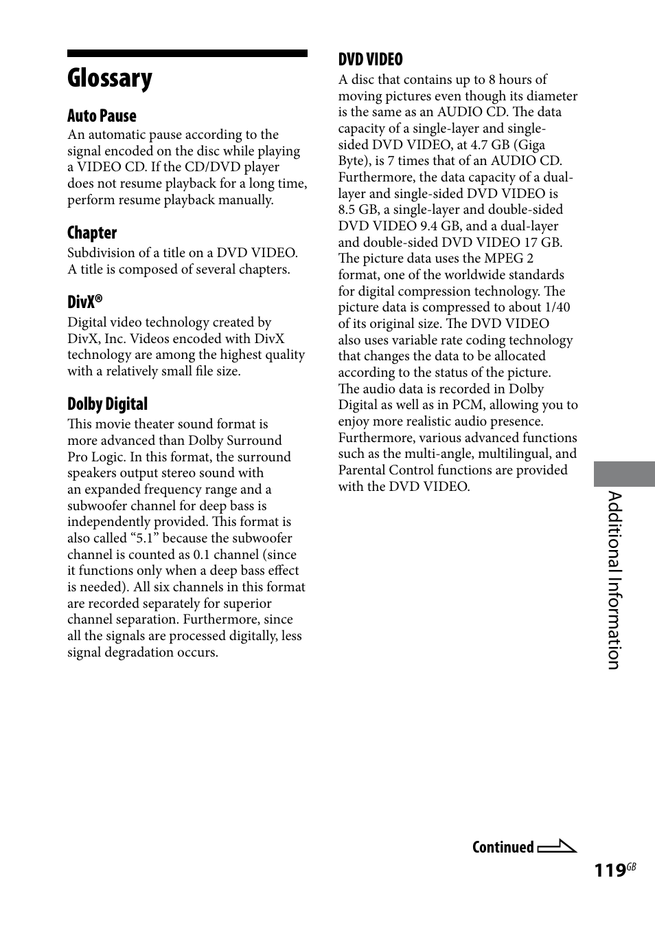 Glossary, Additional i nf or ma tion, Auto pause | Chapter, Divx, Dolby digital, Dvd video | Sony WHG-SLK1I User Manual | Page 119 / 127