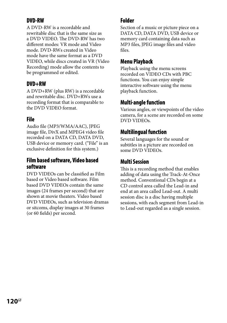 Dvd-rw, Dvd+rw, File | Film based software, video based software, Folder, Menu playback, Multi-angle function, Multilingual function, Multi session | Sony WHG-SLK1I User Manual | Page 120 / 127