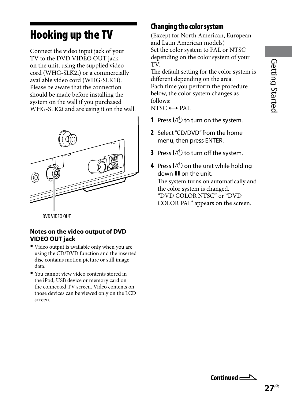 Hooking up the tv, Getting s tar ted, Changing the color system | Sony WHG-SLK1I User Manual | Page 27 / 127