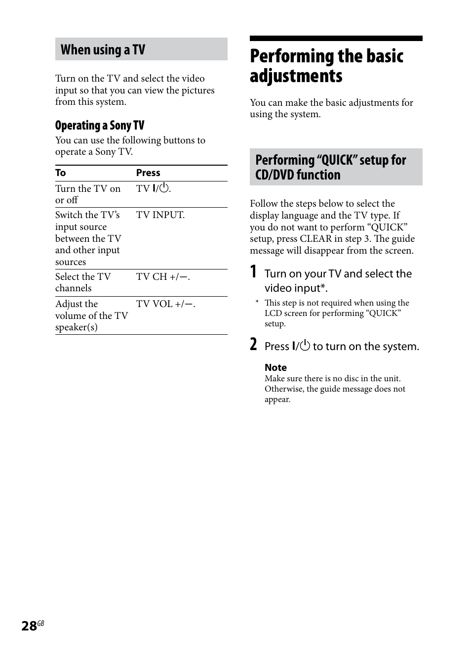 Performing the basic adjustments, Performing the basic, Adjustments | When using a tv, Performing “quick” setup for cd/dvd function, Operating a sony tv | Sony WHG-SLK1I User Manual | Page 28 / 127