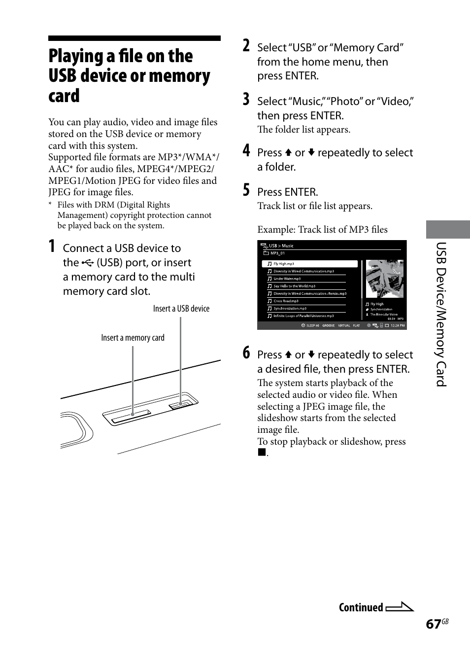 Playing a file on the usb device or memory card, Playing a file on the usb device or, Memory card | Sony WHG-SLK1I User Manual | Page 67 / 127