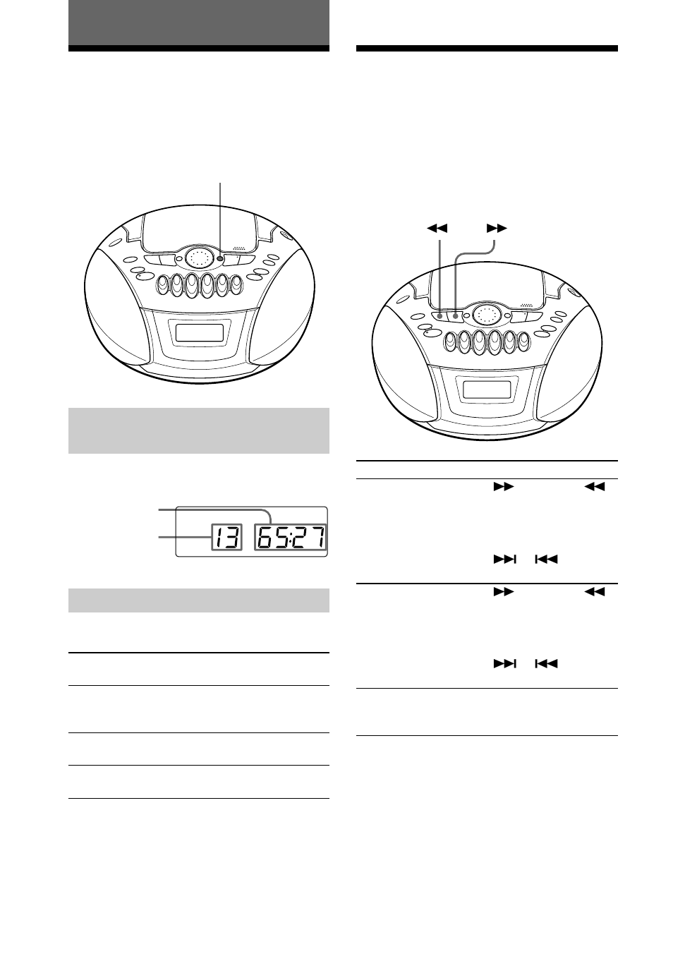 The cd player, Using the display, Locating a specific point in a track | Checking the remaining time, Checking the total track number and playing time | Sony CFD-E75L User Manual | Page 12 / 64