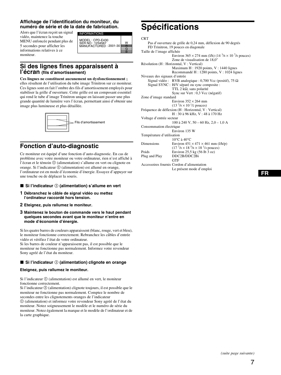 Fonction d’auto-diagnostic, Spécifications, Si des lignes fines apparaissent à l’écran | Sony CPD-E430 User Manual | Page 13 / 52