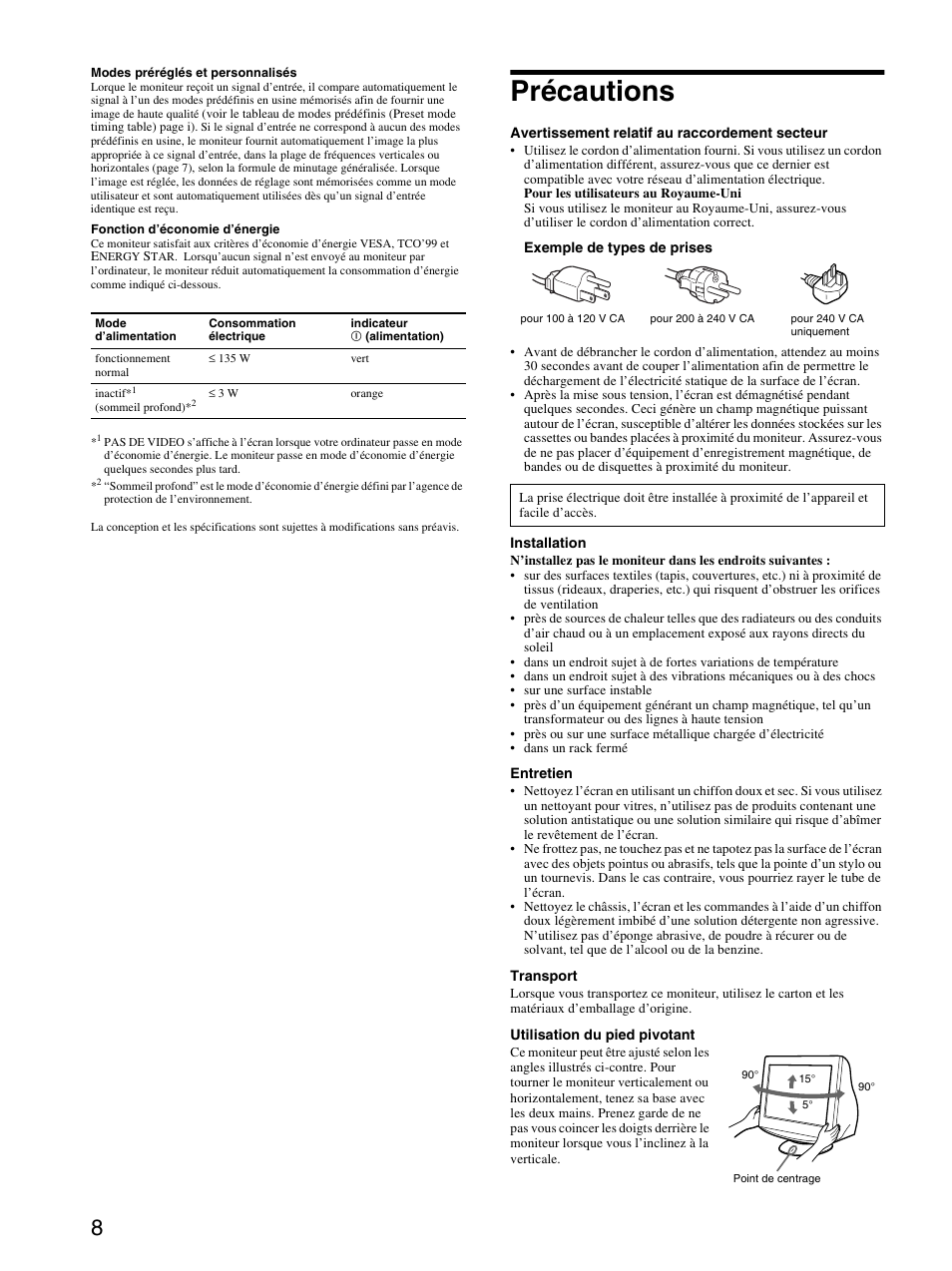 Précautions | Sony CPD-E430 User Manual | Page 14 / 52