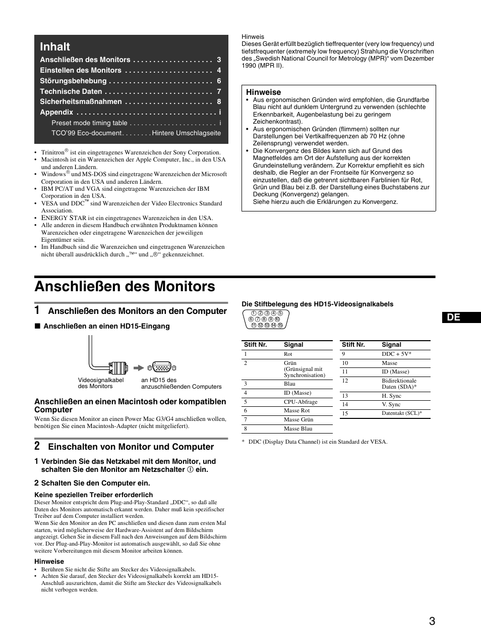 E430de.pdf, Anschließen des monitors, 1 anschließen des monitors an den computer | 2 einschalten von monitor und computer, Inhalt, Anschließen des monitors an den computer, Einschalten von monitor und computer | Sony CPD-E430 User Manual | Page 15 / 52