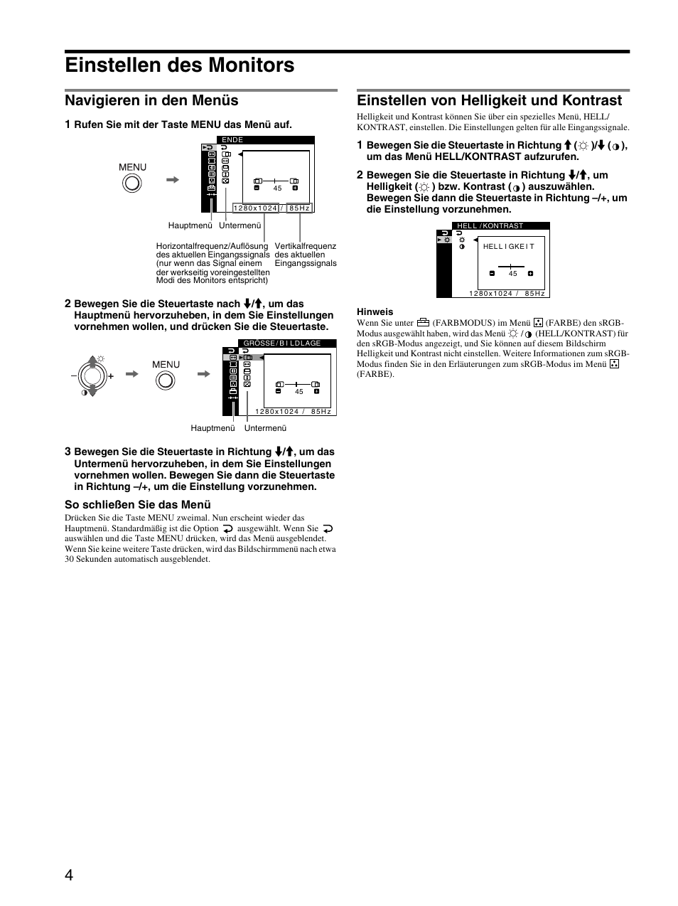 Einstellen des monitors, Navigieren in den menüs, Einstellen von helligkeit und kontrast | Sony CPD-E430 User Manual | Page 16 / 52