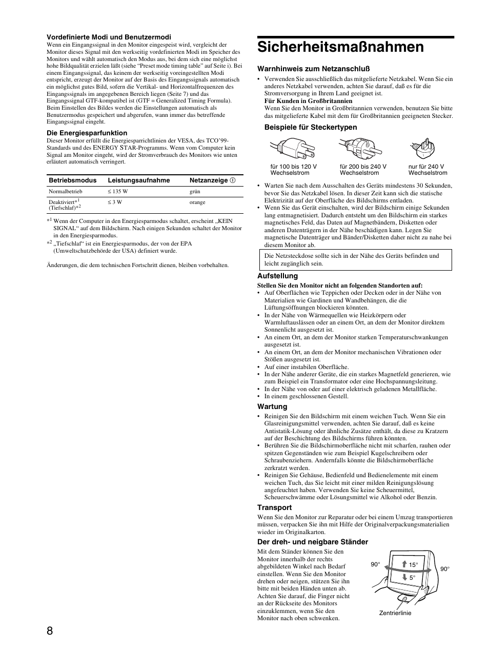 Sicherheitsmaßnahmen | Sony CPD-E430 User Manual | Page 20 / 52