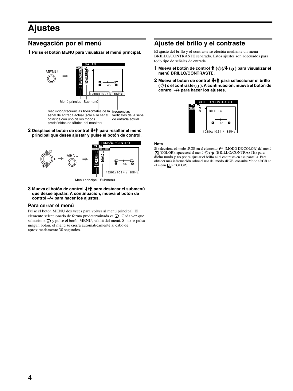Ajustes, Navegación por el menú, Ajuste del brillo y el contraste | Sony CPD-E430 User Manual | Page 22 / 52